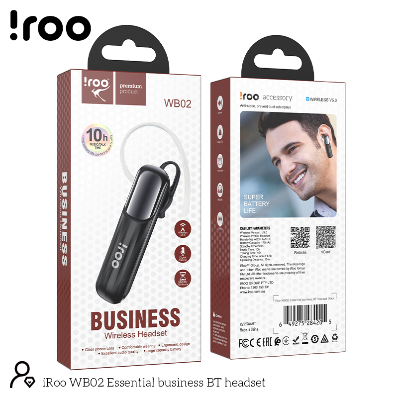iRoo WB2 | Business Bluetooth 5.0 Wireless Headset (10h Talk)