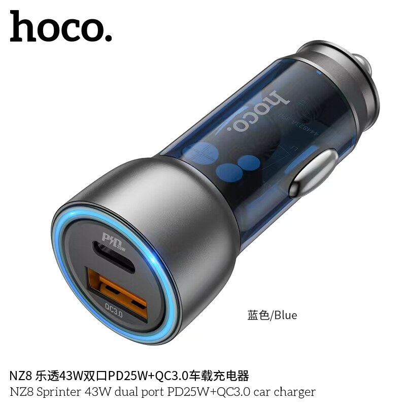 Hoco NZ8 | Sprinter 43W dual port PD25W+QC3.0 car charger - Transparent Blue