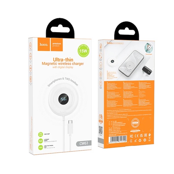 Hoco CW61 | Phantom MSafe Ultra Thin wireless fast charger with digital display - White