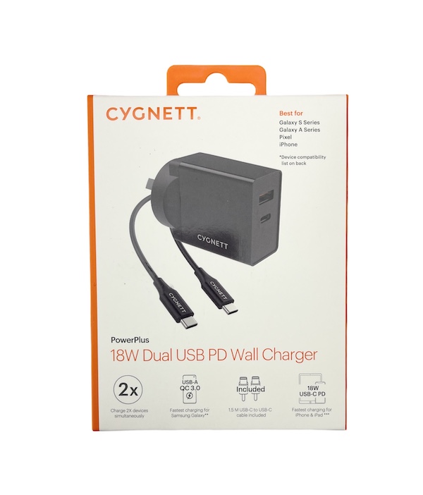 CYGNETT AU PROVED | 18W PD QC 3.0 2in1 (1xUSB-A,1xUSB-C) Ports AC Wall Charger /w Type-C Cable