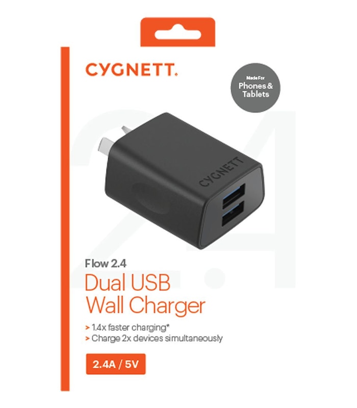 CYGNETT Flow 2.4A | Dual USB Sockets Wall Charger - Black