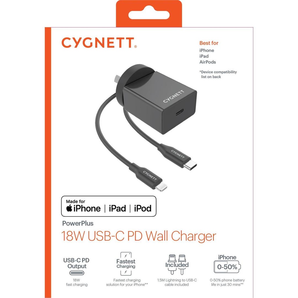 CYGNETT PD Wall Charger USB-C to Lightning | Mfi Approved 18W PD