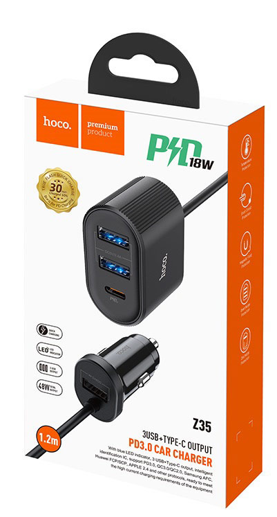 Hoco Z35 | 48W PD 4 Ports (3xType-A, 1xType-C) Rear Seat Car Charger - 1m